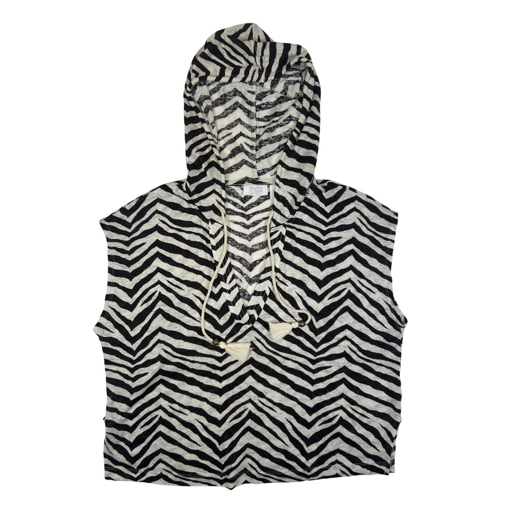 Sigrid Olsen Womens Zebra Print 100% Linen Sleevelessβ Hoodie Top Black White S